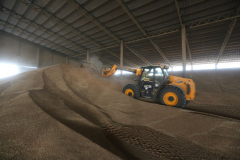 A wheat storage. Acros combine harvesters, manufactured by Rostselmash OJSC, during the summer wheat harvest on a farm operated by 'Svetlyi" Group of Companies, in Kamenka village, outside Rostov, Russia, July 5, 2019. http://gk-svetlyi.ru/